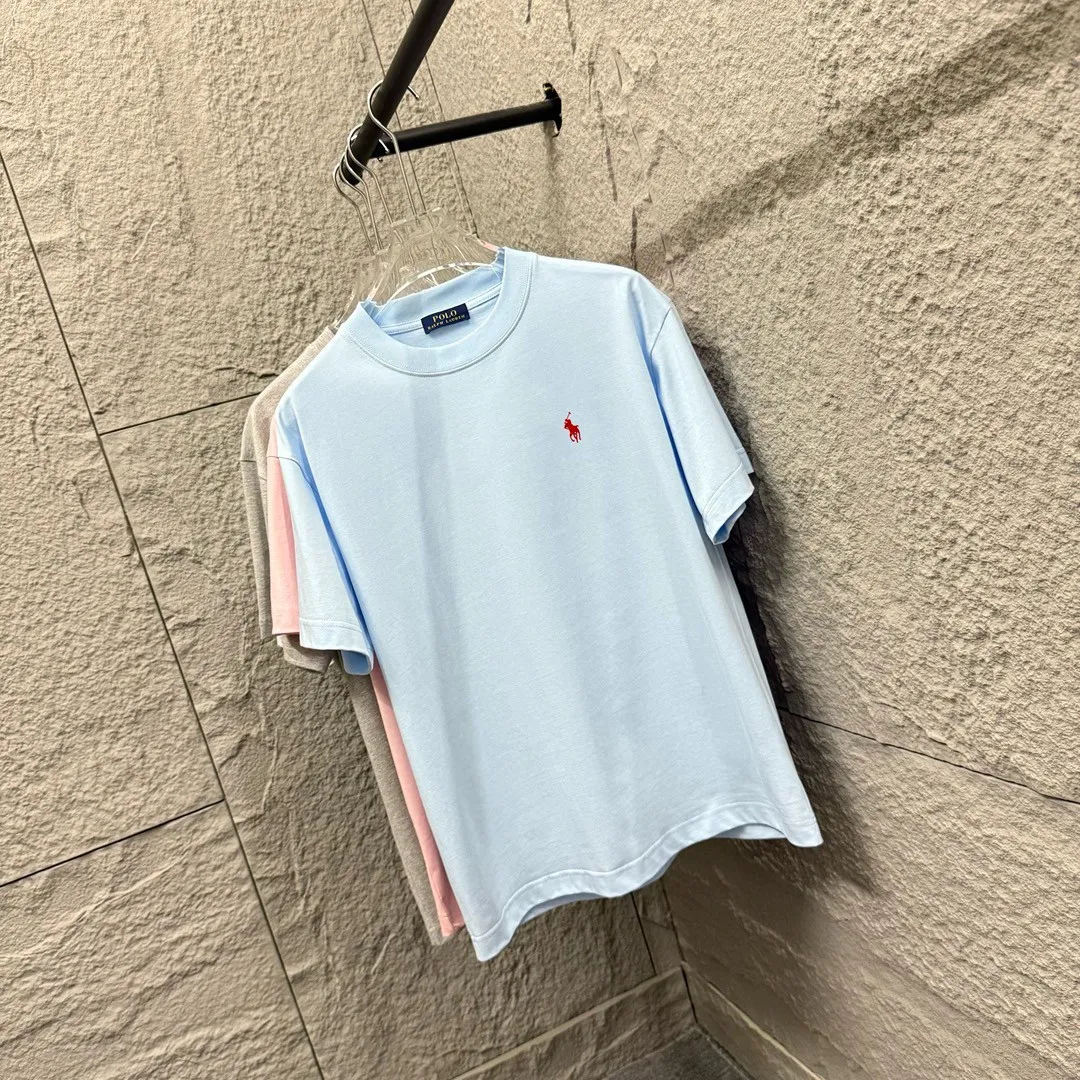 🅿️180 Polo* Ralph Lauren 2025 spring and summer new style Classic pony embroidery Customized double yarn plain cotton fabric Short-sleeved T-shirt Uniform for men and women Color: black white light pink light blue Size: S (90-130 pounds) M (120-150 pounds) L (140-165 pounds) XL (160-180 pounds) XXL (180-210 pounds)